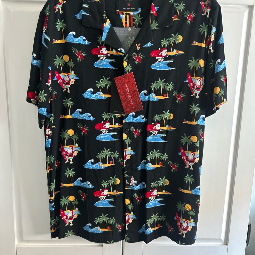 NWT Ugly Christmas IN JULY Shirt Denim & Flower Men's SZ LARGE Surfin' Santa